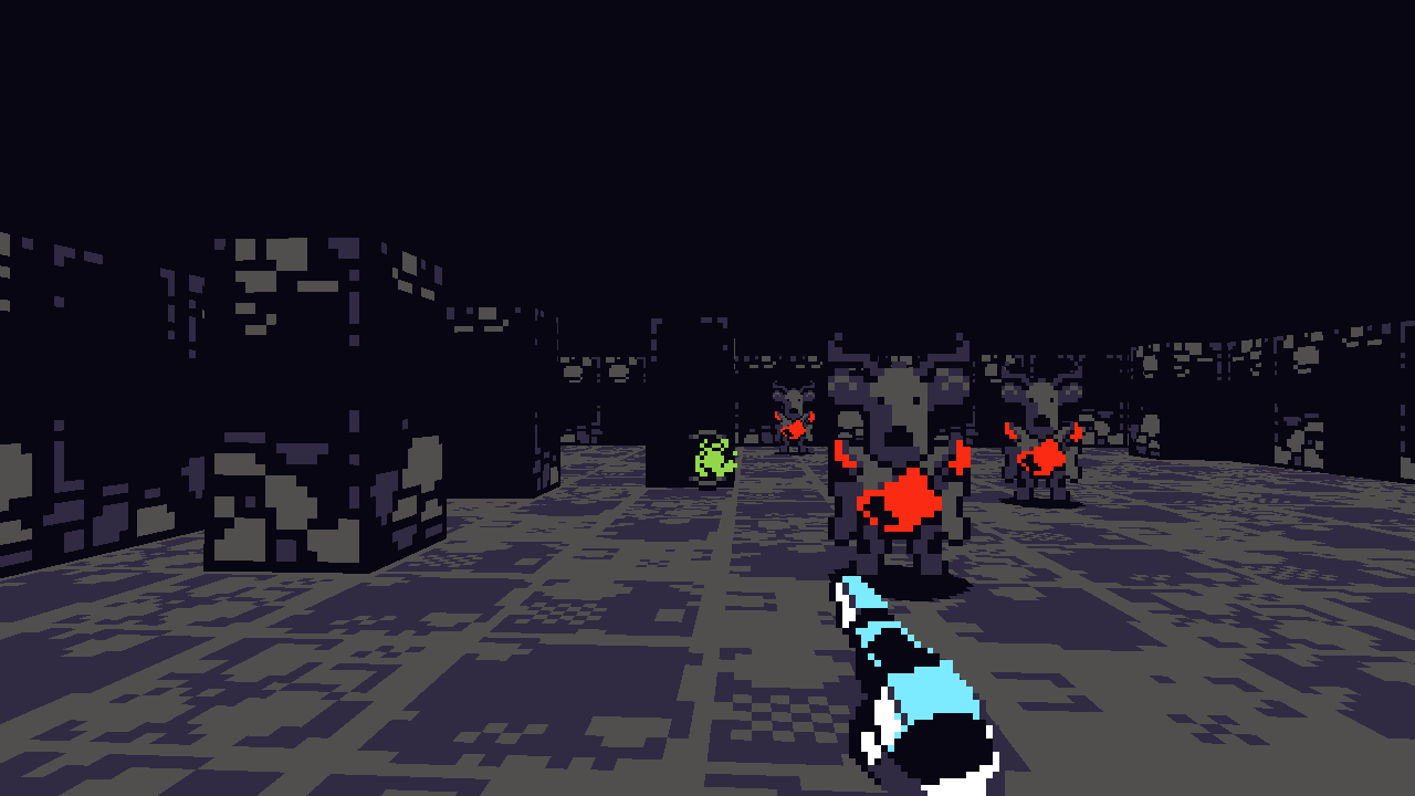 The player is in a dark cave, firing a weapon at the wall and surrounded by deer-like creatures facing the camera.